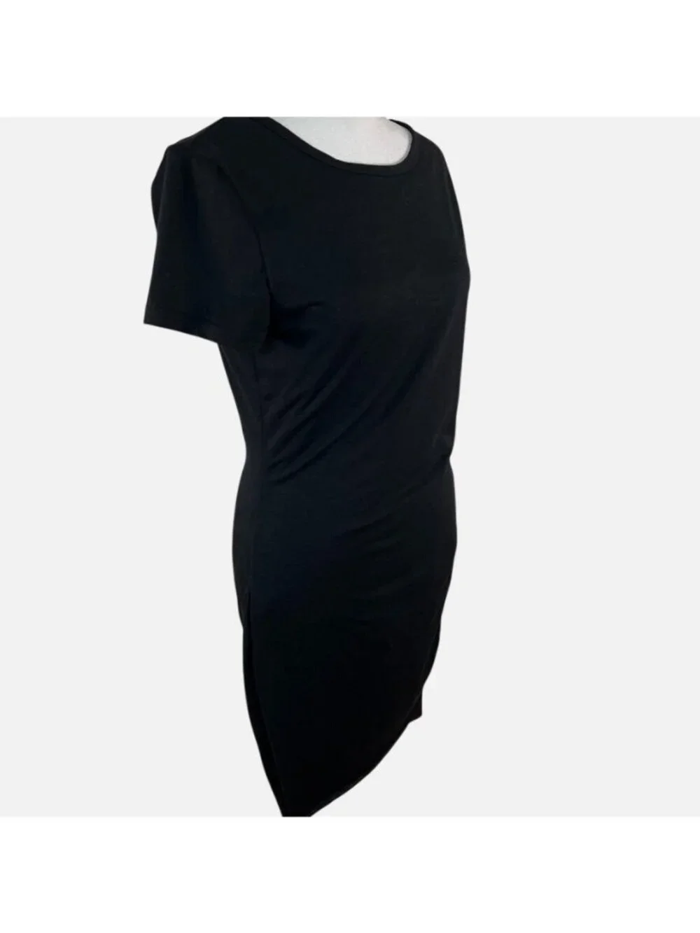 BTFBM Black Ruched Bodycon Jersey T-Shirt Midi Dress Asymmetrical Hem Sz Small - Picture 3 of 15